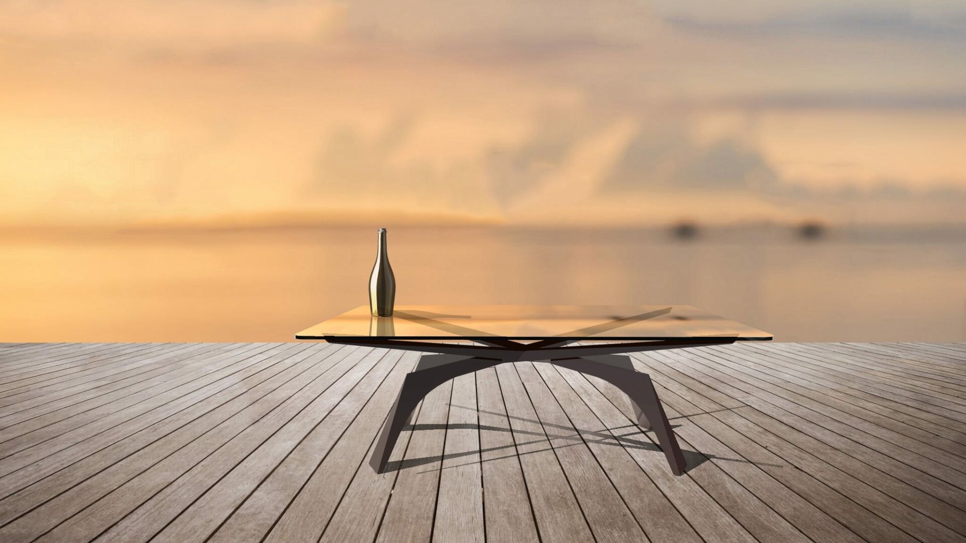 Table basse sur terrasse au crépuscule